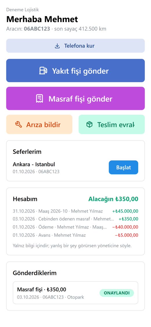 Çalışanın telefon ekranı: fiş gönderme ve hesap özeti